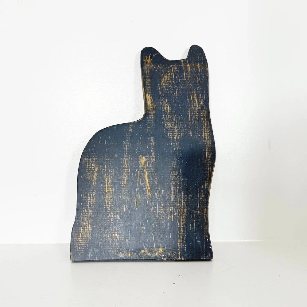 Handcrafted Wooden Cat Silhouette Sign Blue Cottagecore Heart Primitive Folk Art